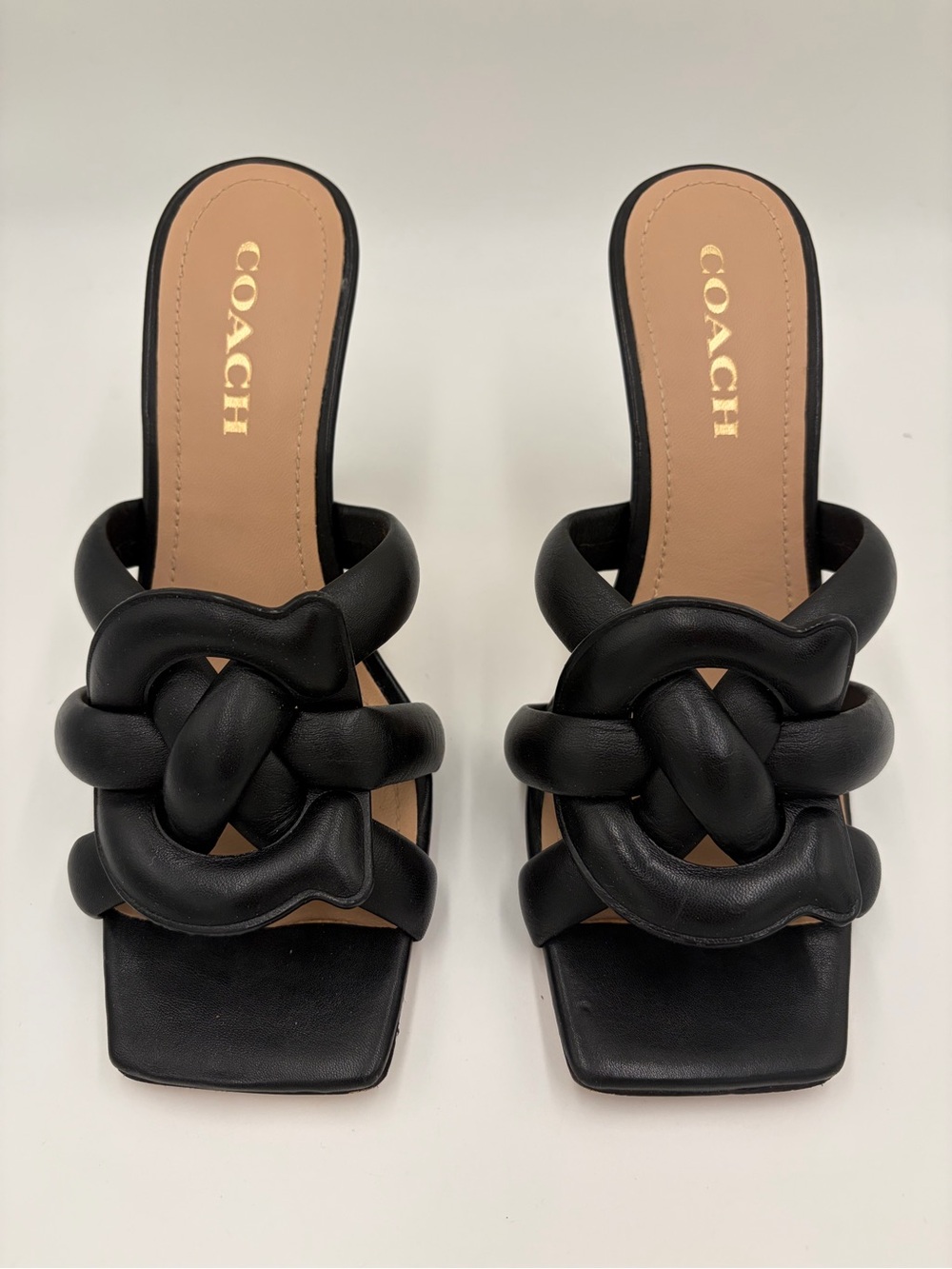 Coach Kellie Black Leather Heels, Mules, Slides Size 9 Knotted, Woven, Braided